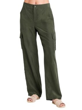Go By Go Silk 100% Silk Olive Green Cargo Pants Wide Leg Utility Size M